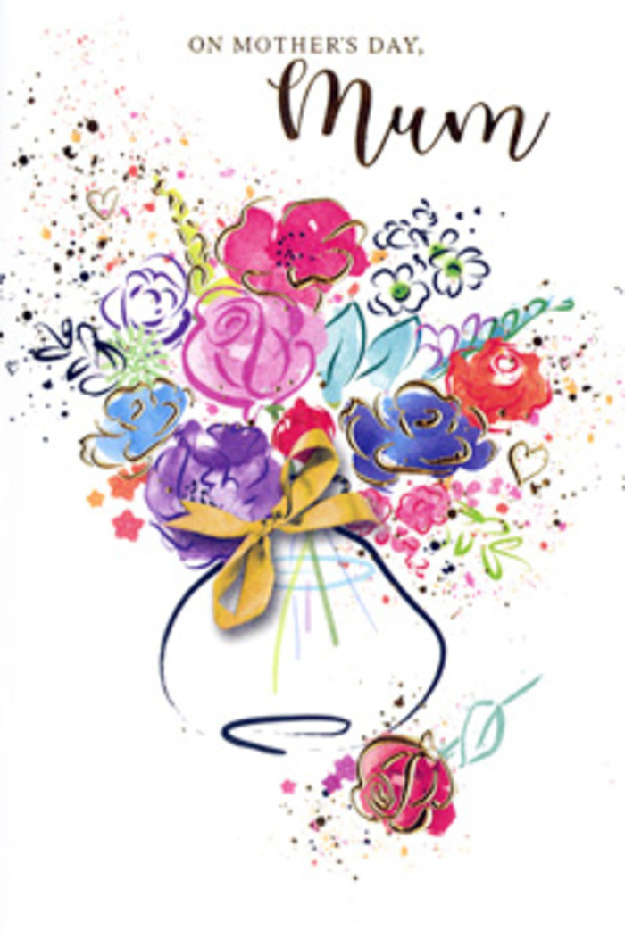 The Mother's Day card artwork presents a lively, artistic bouquet that seems to capture both the spontaneity of watercolour and the thoughtfulness of a florist's sketch, much like something you might imagine being composed after a stroll through Pinner's quiet lanes. At the centre, full blossoms in hot pink, cerise, and deep berry tones are layered one upon another, their petals unfolding through broad, fluid brushstrokes. Deep indigo outlines trace the curves of individual petals and leaves, offering gentle structure while preserving the dreamy, blended look of the paint. Between these bolder flowers, softer hues of lavender, periwinkle blue, apricot, and pale gold appear in loosely defined shapes, hinting at smaller blooms and foliage that fill and round out the bouquet. Fine touches of metallic gold highlight certain contours, catching the imaginary light like evening sun over the rooftops near Pinner High Street. Scattered around the main cluster are splashes of colour and delicate heart motifs, adding a whimsical, celebratory feeling, as if petals are drifting through the air. The entire arrangement is gathered into a stylised vase rendered in transparent blue washes, its rounded base finished with a neat golden bow that echoes the kind of ribbon used to tie Mother's Day flowers for local delivery. The pure white background allows each rich colour to stand out clearly, giving the bouquet a luminous, almost floating quality. Altogether, the illustration feels like a heartfelt thank-you captured in paint, a keepsake bouquet that expresses admiration, tenderness, and the many-layered love between a mother and her family in Pinner.