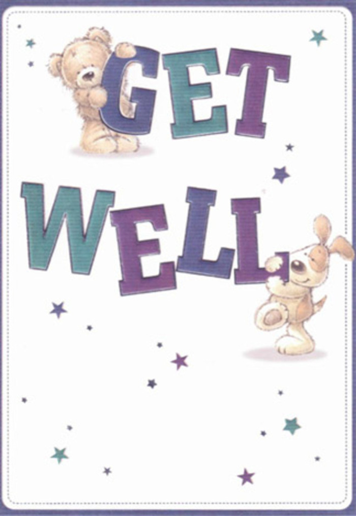 The get well card depicted here feels like a little story unfolding on a clean, creamy white stage, much like the peaceful calm of a Pinner side street early in the morning. At its heart is the phrase GET WELL, written in large, exaggerated block letters that curve softly rather than forming sharp corners. The top word, GET, is coloured in deep, velvety purple, while WELL below leans into refreshing teal and aqua tones, the subtle shading making the letters look as if they're gently cushioned. Playfully interacting with the words are two charming characters: a teddy bear and a puppy, both illustrated with an emphasis on softness and reassurance. The bear, with its warm honey-brown fur and rounded paws, leans over the top of the G, as though peeking down to check that everything is alright. Its embroidered-style eyes and small, curved mouth give it an expression of patient kindness, like a quiet companion sitting at the edge of a bed. The puppy, positioned along the lower letters, has long floppy ears, a slightly oversized head, and a wagging, sketched tail that hints at movement, as if it has just trotted across a living room in one of Pinner's cosy family homes. Around them, small starbursts and star shapes scatter across the background in shades of blue, indigo, and mauve, evoking sparks of encouragement and whispered get well wishes. The artwork is crisp, with gentle shadows adding depth without cluttering the scene. Overall, the card gives the sense of a thoughtful, light-hearted gesture, the paper equivalent of sending a bright vase of blooms to someone recuperating nearby, bringing comfort, levity, and a touch of childlike hope.