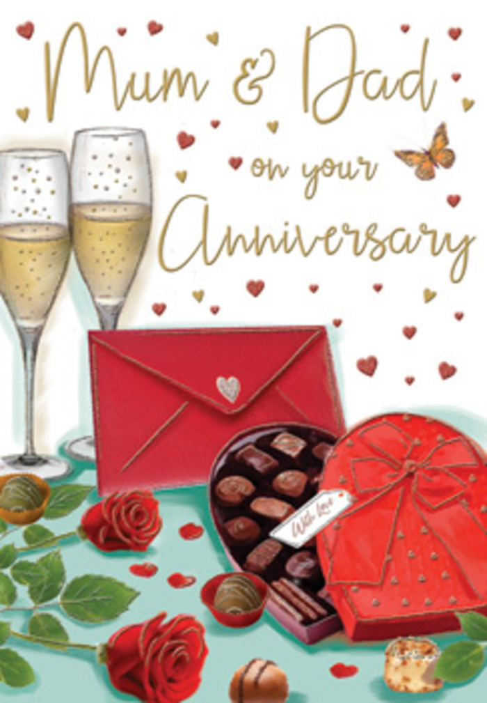 Warm, detailed anniversary card artwork showing a lovingly arranged celebration scene, as if set on a table in a Pinner home after flowers and treats have been carefully laid out. Two opulent red roses take centre stage, their petals rendered in rich, velvety shades of crimson and ruby that fold inward and outward, suggestive of a bouquet freshly chosen from a florist near Pinner station. Deep green leaves fan around the roses, their shapes soft yet defined, adding volume and a touch of garden freshness. Nestled beside the blooms is a heart-shaped box of chocolates in a deep, romantic red, its lid pushed open to reveal a selection of meticulously drawn chocolates, each one nestled in its own little space and shaded to look glossy and indulgent. A wide red ribbon ties the box, its bow arching gracefully with loops and trailing ends that rest on the tabletop. Just behind, two slender champagne flutes rise side by side, their clear glass illustrated with delicate reflections of light. Inside, a pale golden drink sparkles with columns of tiny bubbles, ready for a shared toast that might follow a peaceful walk through Pinner Village Gardens. Scattered softly around the arrangement float tiny hearts in tones of gold and crimson, weaving around elegantly hand-lettered words for Mum & Dad, which curl across the card like a personal note. A vivid scarlet envelope lies nearby, its sharp edges and neatly closed flap hinting at an intimate, handwritten message. The entire scene is bathed in a gentle, warm glow, evoking comfort, romance, and the quiet joy of celebrating an anniversary at home in Pinner.