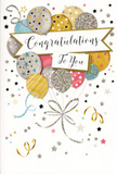 The congratulations card in this image captures the feeling of a joyful moment shared with loved ones, like pausing in Pinner Memorial Park to reflect on good news. At its centre floats a cheerful bouquet of balloons, gathered together in a soft, upward-reaching cluster that seems light enough to slip into the sky. Each balloon is round and luminous, rendered in complementary shades of gold, silver, champagne, sky blue and blush pink. Delicate decorative details-tiny metallic stars, slim stripes, and subtle glitter-dot their surfaces, suggesting a gently textured finish that looks as if it would sparkle under lamp light in a Pinner home. From the bottom of the balloons, fine gold and silver ribbons sweep downward and curve across the lower part of the card, looping naturally as though gently twisting in the air. Sprinkled around them are small stars and curling confetti lines, scattered across a pale, almost glowing background that gives the sense of space and possibility. Floating across the centre of the composition is a graceful banner, inscribed with the words Congratulations To You in elegant, flowing calligraphy. The script feels personal and warm, as though written with genuine affection for the recipient. The overall mood is uplifting yet refined, perfectly suited to accompany a bouquet for an exam success, a promotion, or any achievement worth honouring. Just as a well-crafted floral arrangement from a Pinner florist can express pride and admiration without a single spoken word, this card uses balloons, ribbons and stars to convey a heartfelt message of celebration and support.