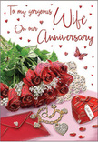 This anniversary card scene feels like a sentimental arrangement laid out on a dresser in a Pinner home, thoughtfully composed to honour years of shared love. At the centre is a charming posy of crimson roses, their petals densely layered and gently spiralling outward, giving the impression of soft, velvety blooms that have just been selected from a florist's display. The roses are encircled by fresh greenery, whose plush, fern-like fronds introduce a soothing touch of nature and lift the display with their lively texture. To one side rests a small, deep red jewellery box, tied with a fine ribbon whose tails fall gracefully along the surface, suggesting a keepsake chosen with care. Draped before it is a delicate golden necklace, the pendant formed into interlocking hearts that glimmer subtly where the light touches their curves. Scattered around this focal point are sparkling decorative pieces and small heart-shaped accents, some catching the light in tiny sparks, others resting in velvety shadow, like moments of laughter and quiet conversation held over many years together. The card's message, written in flowing, romantic script, appears above and among a drift of tiny red hearts that seem to cascade across the image. Soft, warm lighting from one side highlights the contrasting textures - the smooth sheen of ribbon and metal, the plush roses, and the softly textured background - without overwhelming the composition. The overall feeling is one of intimate celebration, an ideal visual companion for an anniversary bouquet delivered across Pinner, from the quiet avenues around Pinner Hill to the cosy homes off Bridge Street.