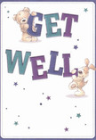 A whimsical illustrated get well card is shown in close-up, the kind you might tuck beside a bright hospital bouquet delivered across Pinner. At the centre, bold, chunky letters spell out GET WELL in deep indigo and teal, each letter shaded with soft gradients that give a cheerful, almost three-dimensional look. A cuddly teddy bear, all soft caramel fur and rounded paws, clings to the top of the word GET, its stitched smile and gentle eyes radiating comfort, like a favourite childhood toy kept on a bedside table. Below, a floppy-eared puppy leans playfully against the word WELL, its velvety brown ears and creamy muzzle suggesting that warm, nuzzling affection only a loyal pet can give. Around the characters, scattered starbursts float on a clean cream-white background, painted in varying shades of blue, purple, and aqua, like little sparks of hope drifting through the air. Their irregular, hand-drawn points keep the mood light and spontaneous, as if each star carries an individual good wish. The overall composition is airy and uncluttered, with plenty of breathing space so the eye moves easily from the bear to the pup and then along the strong typography. There's no clutter, only a sense of fresh clarity and reassurance-very much like walking past the tidy front gardens near Pinner High Street after the rain, when everything feels newly washed. The mood is tender and uplifting, an illustrated hug in paper form, perfect to sit beside a vase of get well flowers on a windowsill overlooking one of Pinner's quiet residential streets.