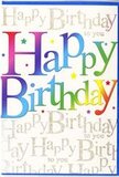 This image showcases a jubilant birthday card whose colours and textures evoke the atmosphere of a cheerful celebration in Pinner's leafy neighbourhoods. Across the middle, in bold, rounded letters, the words Happy Birthday stretch from side to side, each letter a different note in a colourful chord. Vibrant reds melt into tangerine, then flow through sunny lemon, crisp apple green, cool mint, aqua, and rich blue, with each shade blending gently into the next. The effect is reminiscent of the carefully graded hues in a florist's display, where blooms shift gradually from one colour family to another. Behind this headline phrase, the background is alive with delicate golden handwriting, repeating Happy Birthday to you in neat, flowing lines that cover the card like a gentle pattern rather than a bold statement. The metallic script gleams softly under the light, suggesting the warm glimmer of festoon lights overhead at an evening birthday party near Pinner Village Gardens. Tiny decorative elements-sprinklings of star shapes and dots in corresponding rainbow tones-float lightly around the main letters, hinting at confetti or the last sparks of a firework. The card appears to be printed on smooth, elegantly finished stock with a subtle sheen, giving both the colours and the gold accents a polished depth. Framed tightly with a muted background and even lighting, the photograph brings every nuance of the design into focus. This is the sort of card a local Pinner florist might choose to accompany a joyful birthday bouquet, ensuring that the written message carries as much colour and warmth as the flowers delivered to doorsteps across Pinner and the surrounding area.