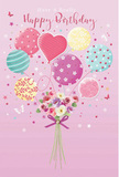 In this tender birthday-themed image, a pastel bouquet and a floating cluster of balloons share centre stage against a soft pink backdrop, conjuring the sense of a gentle celebration drifting above the rooftops of Pinner. The background is smooth and rosy, like the inside of a favourite card. At the bottom of the composition sits a rounded, hand-tied bouquet, its stems neatly secured with a sparkling violet bow that looks like a satin ribbon freshly tied by a careful florist. The bouquet is imagined as filled with petite roses and daisy-like blossoms in creamy ivory, warm cream, blush pink, and a touch of soft lemon, with hints of mauve and cool green foliage woven through. The petals appear velvety and delicately ruffled, each bloom shaded with care to suggest fullness and freshness, as if they were just arranged for a same-day birthday delivery somewhere near Pinner's leafy parks. Rising from the bouquet, a collection of pastel balloons floats upward, giving a sense of movement and lightness. Some of the balloons are decorated with candy-striped ribbons that twist in playful curves; others are dotted with cheerful polka dots or adorned with romantic floral patterns. There is also a heart-shaped balloon, more prominent at the centre, radiating warmth and affection. Their colours-pale pink, mint green, lavender, and buttery yellow-blend harmoniously, reflecting soft light that makes their surfaces gleam gently. Tiny stars and subtle butterfly shapes scatter across the scene, adding a sprinkle of fairy-tale magic. Overall, the artwork feels like a loving birthday wish, perfect for imagining a surprise greeting arriving at a doorstep off Pinner High Street or near Pinner Memorial Park, where balloons and flowers together speak the language of joy.