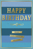 Serene blue and gold birthday card envisioned as propped next to a simple jug of fresh flowers in a Pinner kitchen, offering a quiet moment of celebration amid everyday life. The card's background consists of generous, horizontal stripes in varying shades of blue, carefully layered so that the colours transition gradually from dark to light. At the bottom, the blue is rich and navy-like, deep and grounding. Moving upward, the tones ease into softer denim and teal hues, eventually reaching an airy sky blue near the top, like watching the morning brighten over Pinner's leafy gardens. Centered on this peaceful backdrop, the phrase HAPPY BIRTHDAY is set in bold, uppercase gold letters. The text is embossed, so each letter has a raised, tactile presence and a polished metallic sheen that picks up highlights as the card shifts in the light. Just beneath the main wording, a refined golden flourish stretches across the card, its looping design gently linking the headline message to the details below. In the lower section, three slim gold banners are stacked neatly, each carrying a warm, easygoing sentiment: Relax, have a great day and enjoy! These banners echo the same golden finish, tying the design together visually. A delicate gold border runs around the edge, framing the stripes and giving the card a finished, composed look. The card stock appears smooth and substantial, with the contrast between the soft matte blues and gleaming gold embossing adding quiet luxury. This is the sort of birthday card that feels perfect for someone who appreciates calm colours, simple elegance, and a heartfelt wish for a restful, happy birthday, especially when paired with fresh blooms delivered locally around Pinner.