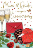 Illustrated anniversary card evoking the warmth of a family celebration in Pinner, captured through a richly detailed still life. In the foreground, two sumptuous red roses lie across a tabletop, their petals thick and velvety, unfolding in layered curls of deep crimson that give them a lifelike, freshly cut appearance, as though they've just arrived from Pinner Florist on a same-day delivery. They are surrounded by soft, arching green leaves that provide contrast and frame the blooms with a natural, garden-fresh feel. To one side rests an open heart-shaped box of chocolates, its deep red casing and curved lid edged with a generous red bow, drawn with gentle folds that suggest smooth satin ribbon. Inside, various chocolates sit snugly in their compartments, each piece shaded with care to appear rich and tempting, ready to be shared. Slightly behind the sweets and flowers stand two tall champagne flutes, their slender stems and clear bowls filled with a golden sparkling drink; fine bubbles rise gracefully, catching highlights that make the glasses seem to shimmer. Throughout the background, small hearts in warm gold and vibrant crimson drift and dance, circling around hand-lettered words addressed to Mum & Dad, written in a soft, flowing script that feels heartfelt and personal. A bold scarlet envelope lies nearby, angled to show its flap, hinting at a thoughtful, handwritten anniversary note tucked within. The colouring is warm and inviting, like evening light spilling across a table after a relaxed stroll through Pinner High Street, and the overall atmosphere blends romance, appreciation, and the enduring sweetness of a long-lasting partnership.